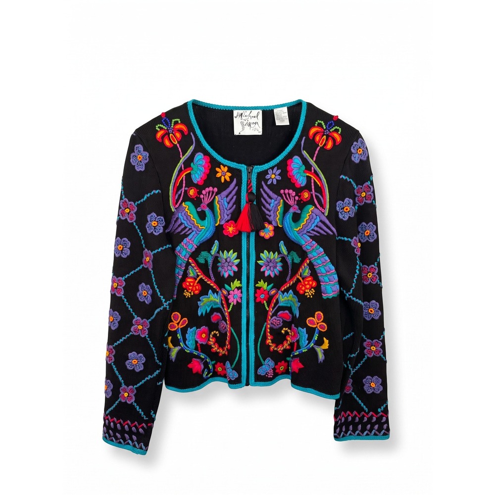 Michael Simon Peacock Floral Embroidered Beaded Zip Cardigan Sweater Black Sz. L